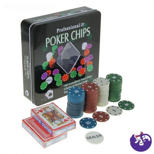 Покер, набор для игры (карты 2 колоды, фишки 100 шт) с номиналом, 20х20 см 278717